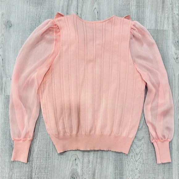 NWOT Pink V-Neck Bib Collar Sweater with Pearl Buttons Sheer Sleeves Size Small - Picture 6 of 6
